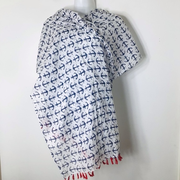 Nautical sailing anchor scarf women blue red fringe tassel - Picture 1 of 6